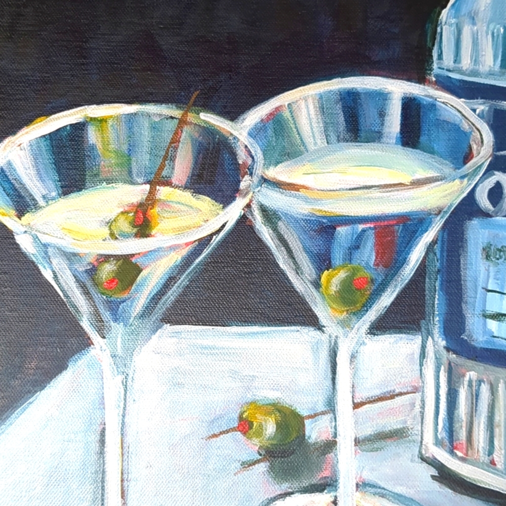 New Painting Abstract Martini Glasses Still Life Original Acrylic Signed Canvas - Picture 2 of 12
